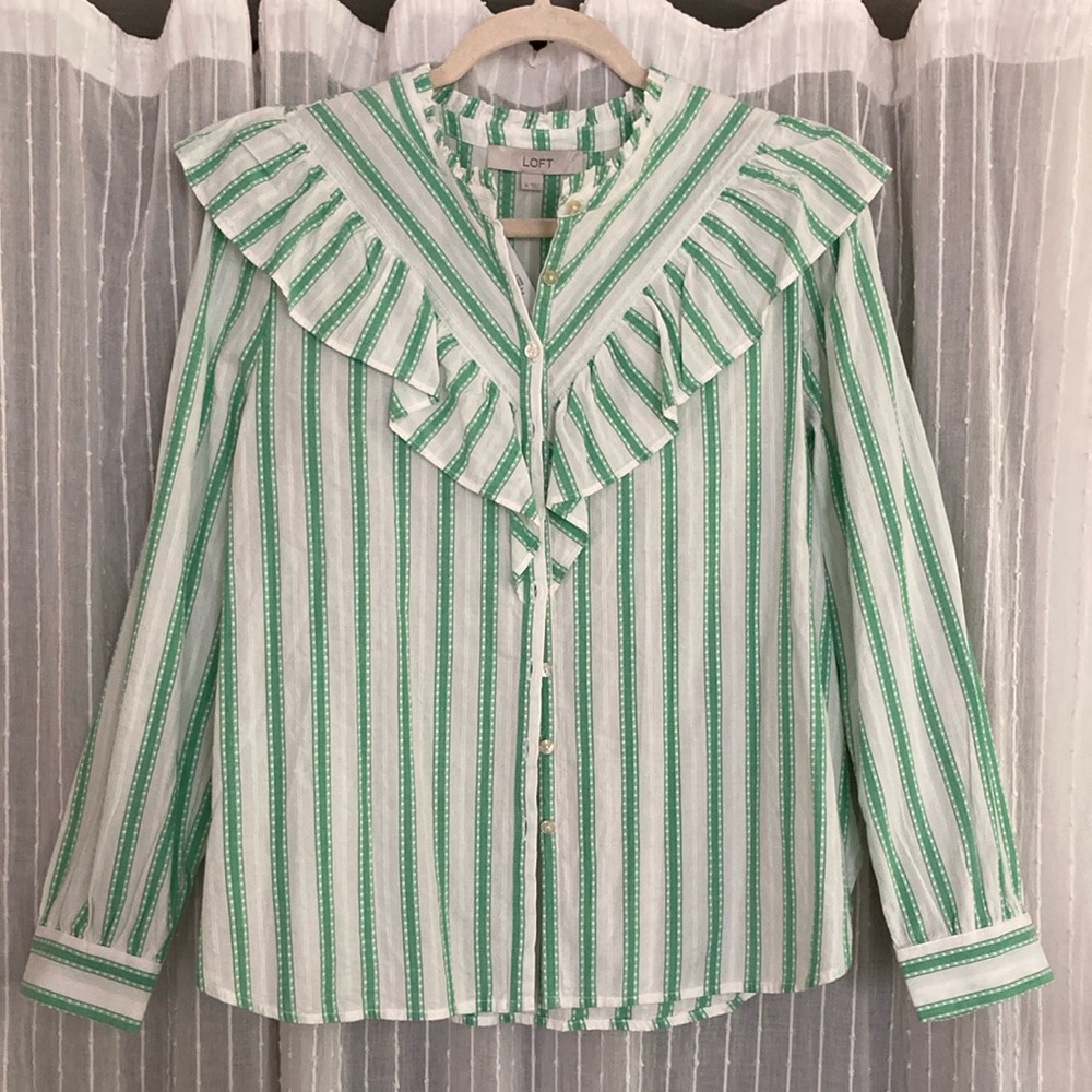 LOFT Green and White Ruffled Bib Collar Blouse. Size: Medium